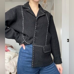 Black Women's Boiled Wool Blazer Jacket with White Stitching